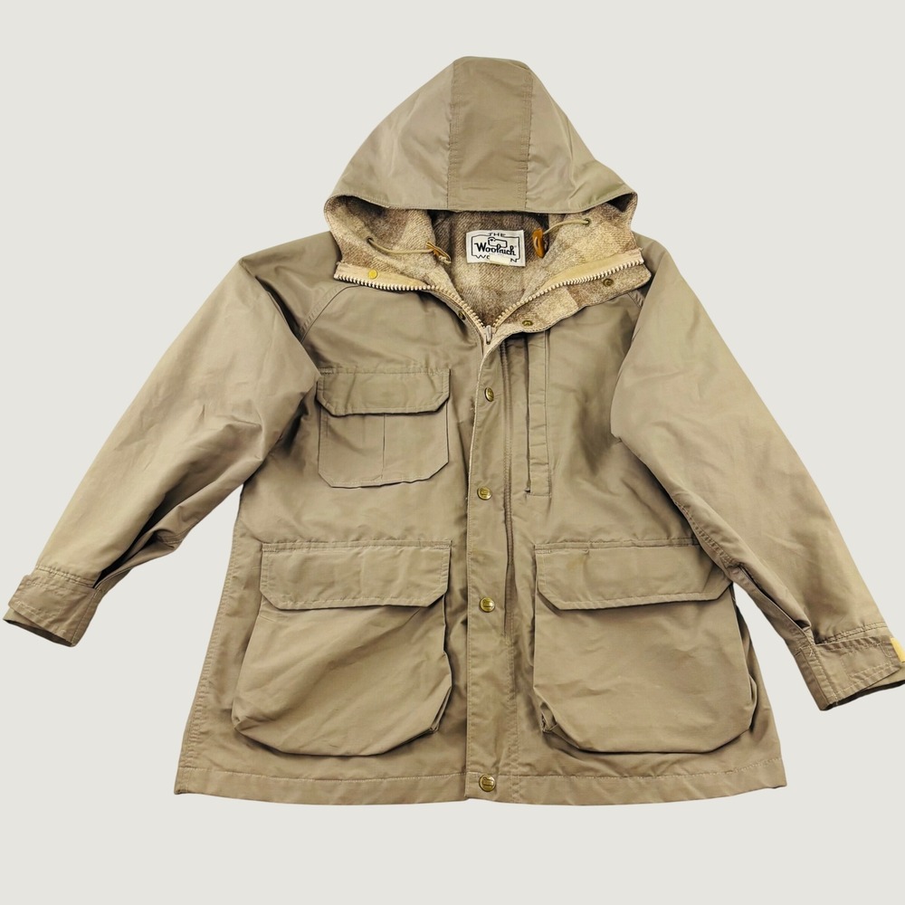 Vintage Woolrich Woman Mountain Parka Tan Wool Plaid Lined Hooded Jacket Medium